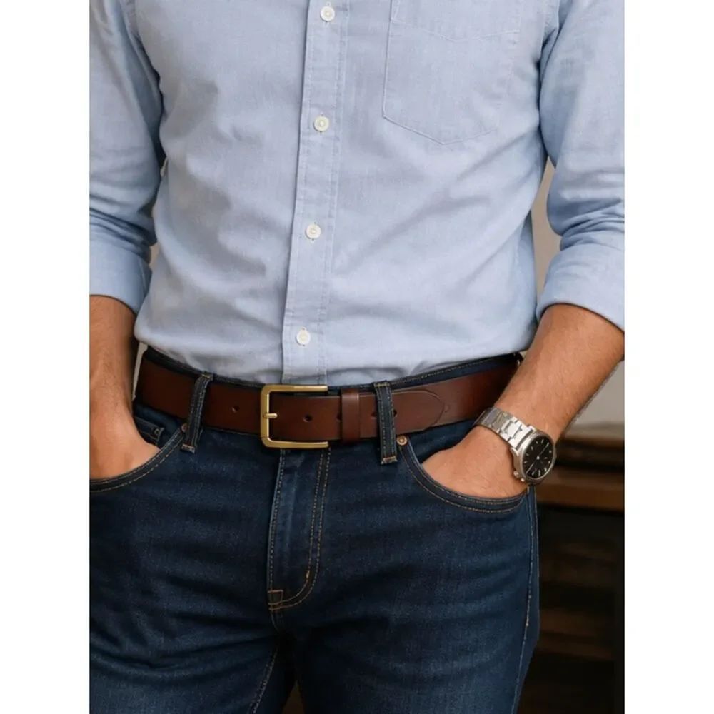 Tommy Hilfiger Brown Imitation Leather Belt Gold Buckle Classic Size 44